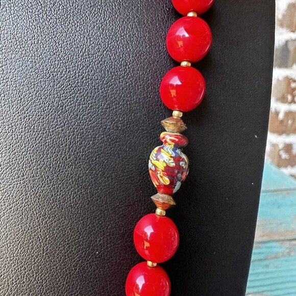 Fashion Necklace Red‎ Glass Millefiori Venetian Metal Spacer Beads Floral 31" - Picture 5 of 9